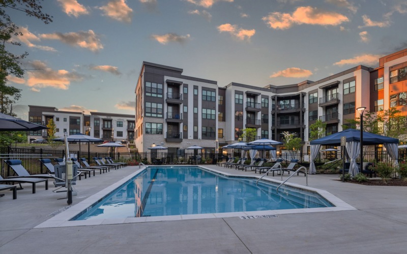 resort style pool in a courtyard