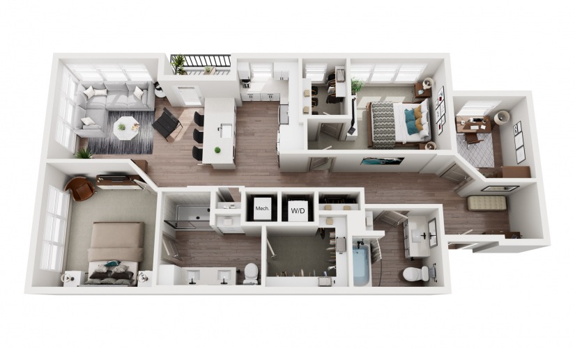 C2 - District Square - 2 bedroom floorplan layout with 2 bathrooms and 1223 square feet